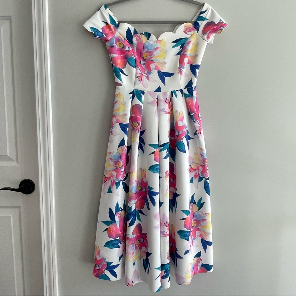 Asos floral A line off shoulder scalloped scuba material dress